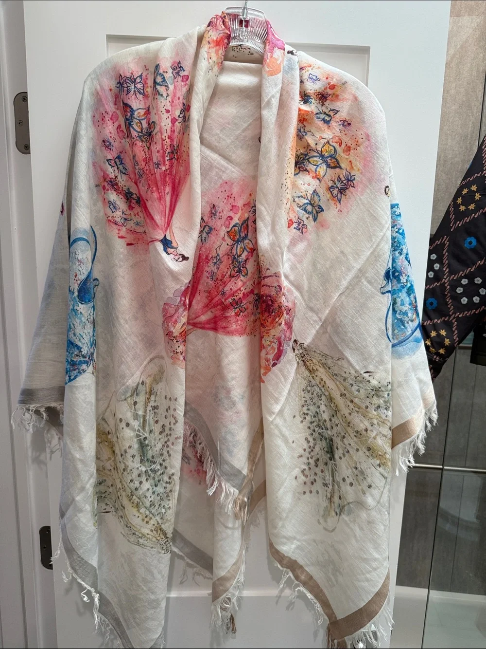 Floral Watercolor Fringe Wrap in Cream with Pink & Blue Accents